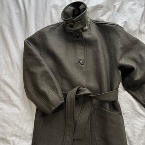 ZARA KHAKI WOOL COAT WITH PUFF SLEEVES AND CONTRAST COLLAR